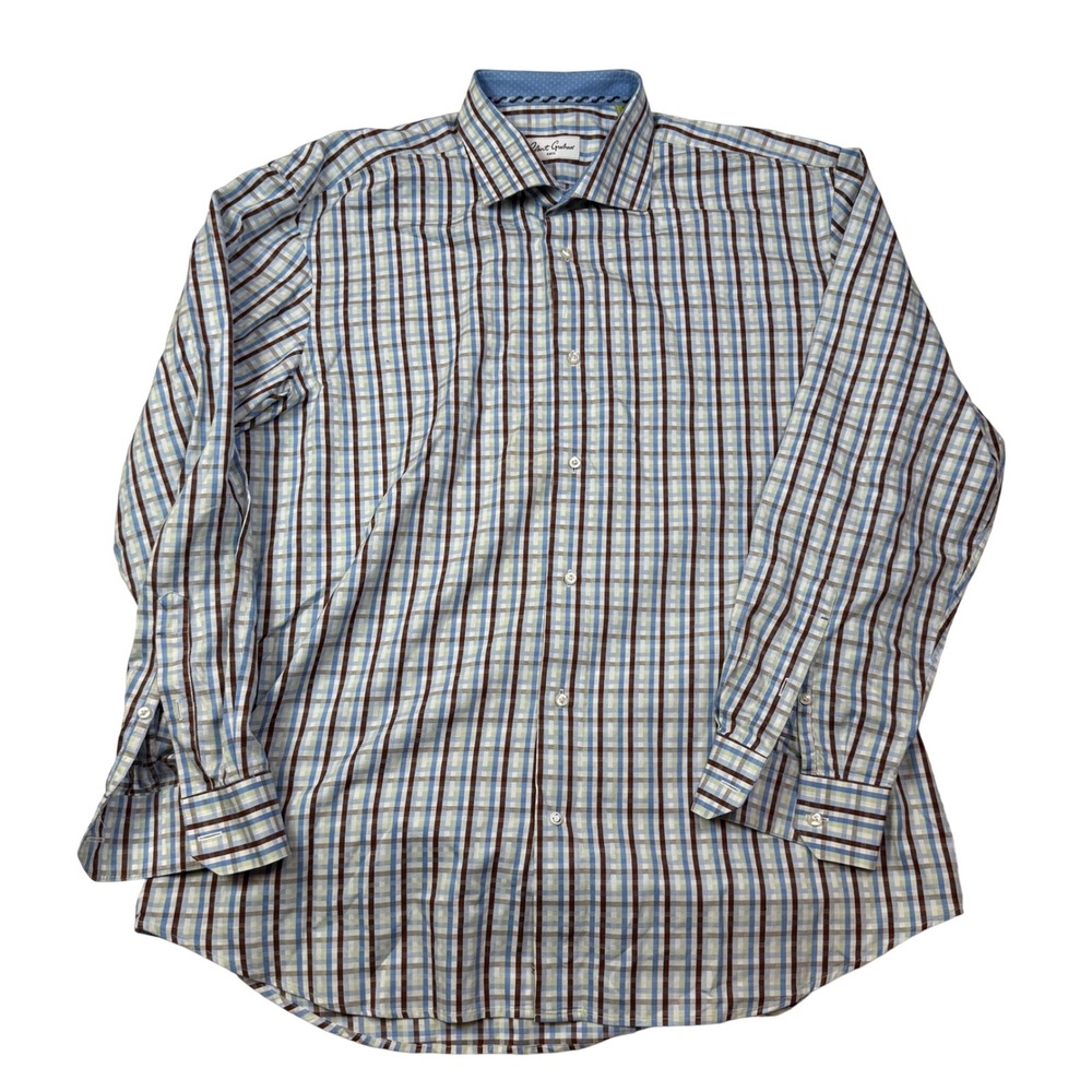 Robert Graham Mens 18 46 Plaid Button Down Shirt Blue Brown Cotton Long Sleeve